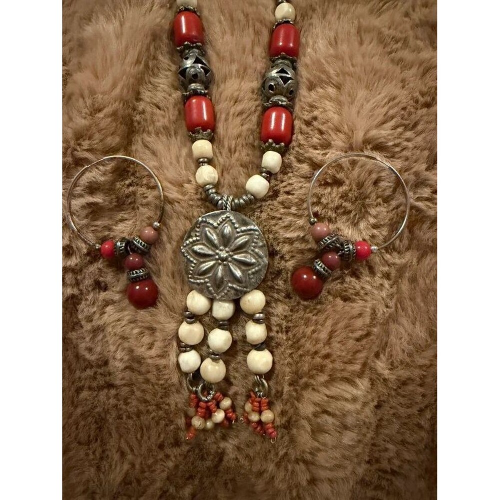 Boho Artisan Beaded Statement Necklace & Hoop Earrings Jewelry Set